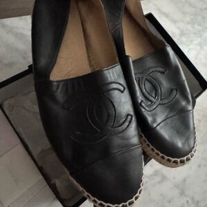 CHANEL Black Leather Espadrilles